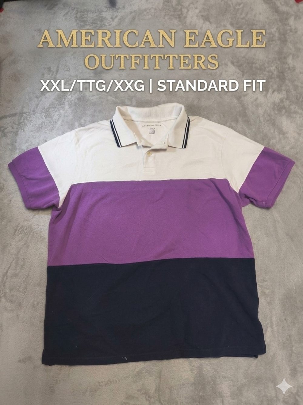 American Eagle Outfitters Mens Colorblock Polo Shirt - White/Purple/Black